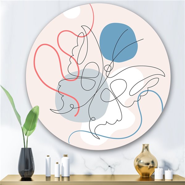 Designart 29-in H x 29-in W Butterfly One Line Drawing on Cubism Shapes I - Modern Metal Circle Art