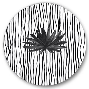 Designart 29-in H x 29-in W Black and White Tropical Leaf on Striped III - Modern Circle Art