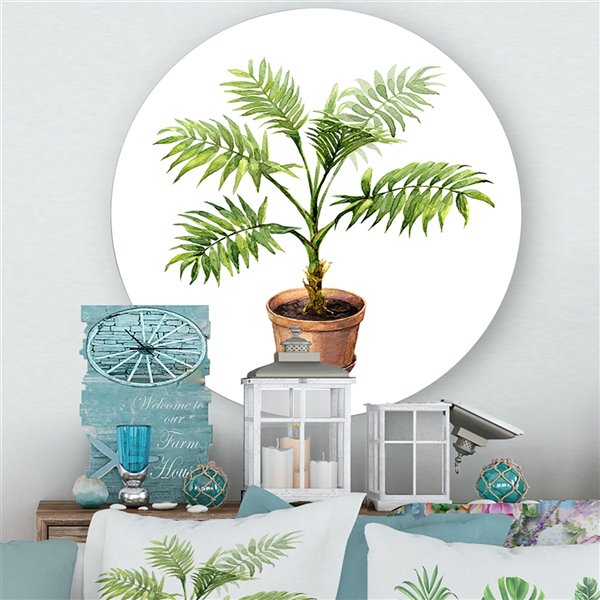 Designart 23-in H x 23-in W Palm in Clay Flowerpot - Traditional Metal Circle Wall Art