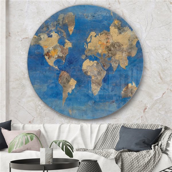 Designart 36-in H x 36-in W Golden Blue World Map - Traditional Metal Circle Wall Art