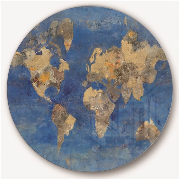 Designart 36-in H x 36-in W Golden Blue World Map - Traditional Metal Circle Wall Art