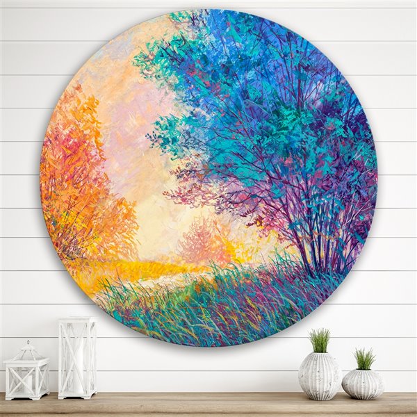 Designart 29-in H x 29-in W Sunset in Autumnal Landscape - Traditional Metal Circle Wall Art