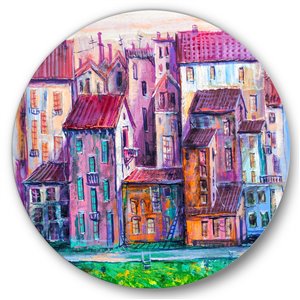 Designart 29-in H x 29-in W Street with Colourful Old Homes - Modern Metal Circle Wall Art