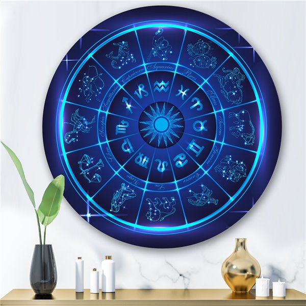 Designart 29-in H x 29-in W Neon Deep Blue Horoscope Circle with Zodiac Signs - Modern