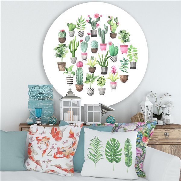 Designart 29-in H x 29-in W Cacti in Ceramic Pots in Gentle Tones II - Traditional Metal Circle Art
