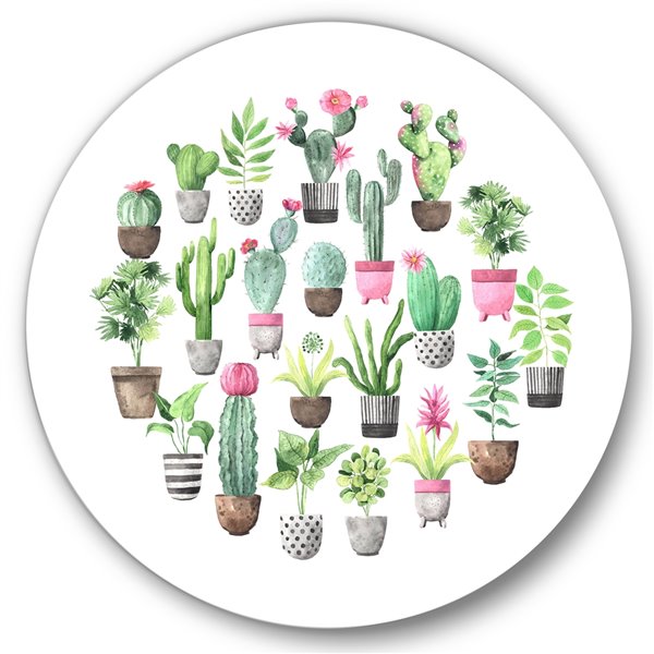 Designart 29-in H x 29-in W Cacti in Ceramic Pots in Gentle Tones II - Traditional Metal Circle Art