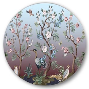 DesignArt 29-in H x 29-in W Chinoiserie with Birds and Peonies XI - Traditional Metal Circle Art