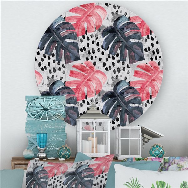 Designart 23-in H x 23-in W Colored Monstera on Rough Brush Strokes I - Tropical Metal Circle Art