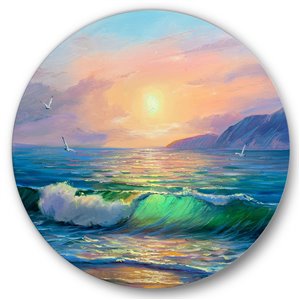 DesignArt 36-in H x 36-in W Blue Waves Breaking at The Beach V - Nautical Metal Circle Wall Art