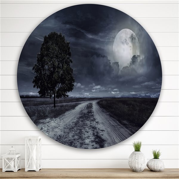 Designart 36-in H x 36-in W Paved Road Under A Full Moon - Nautical Metal Circle Wall Art