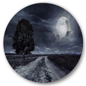 DesignArt 36-in H x 36-in W Paved Road Under A Full Moon - Nautical Metal Circle Wall Art