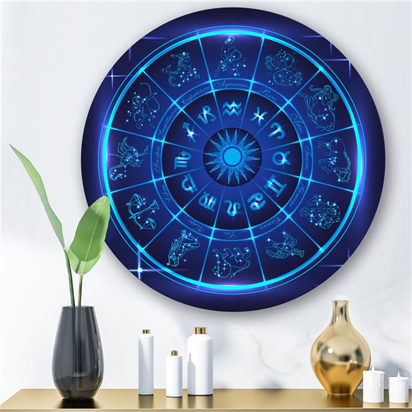 Designart 23-in H x 23-in W Neon Deep Blue Horoscope Circle with Zodiac Signs - Modern