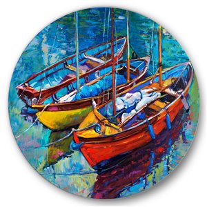 DesignArt 36-in H x 36-in W Three Boats in The Harbor - Nautical Metal Circle Wall Art