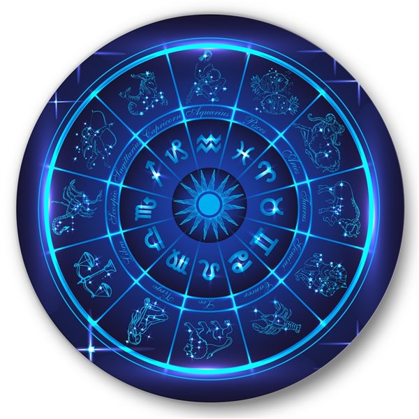 Designart 36-in H x 36-in W Neon Deep Blue Horoscope Circle with Zodiac ...