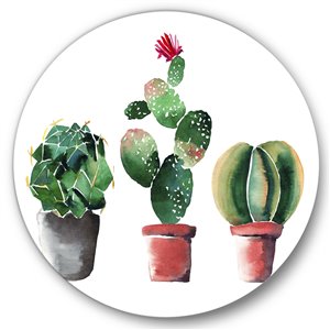 Designart 29-in H x 29-in W Three Cactus in Clay Pots - Traditional Metal Circle Wall Art