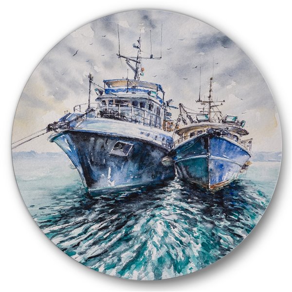 Designart 23-in x 23-in Two Fishing Boats Before a Storm Anchored Metal Circle Wall Art MT35393-C23