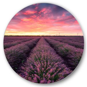 Designart 23-in x 23-in Sunrise and Dramatic Clouds Over Lavender Field XIV Circle Wall Art