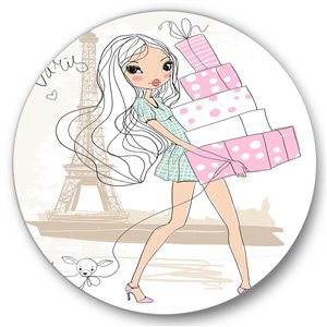 Designart 29-in x 29-in Young Girl with Shopping Boxes in Paris Shabby Chic Circle Wall Art