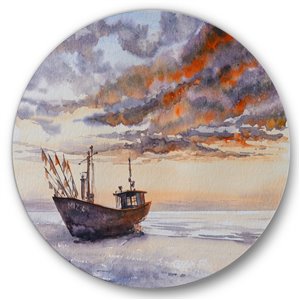 Designart 29-in x 29-in Wooden Fishing Boat on the Baltic Shore Metal Circle Wall Art