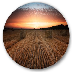Designart 36-in x 36-in With a Field Full of Hay Bales at Sunset Metal Circle Wall Art