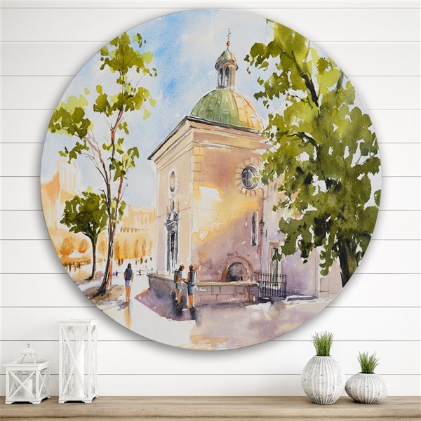 Designart 29-in x 29-in Rustic Church in the Village Country Metal Circle Wall Art
