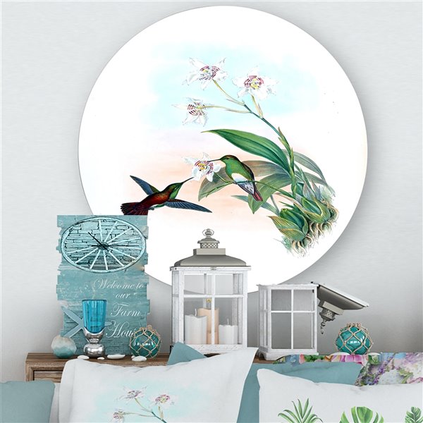 Designart 23-in x 23-in Vintage Hummingbird Flying To a Flower Traditional Circle Wall Art