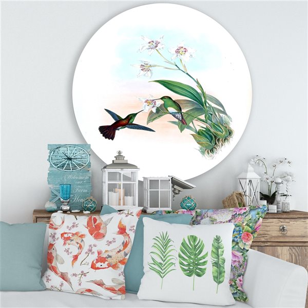 Designart 29-in x 29-in Vintage Hummingbird Flying To a Flower Traditional Circle Wall Art