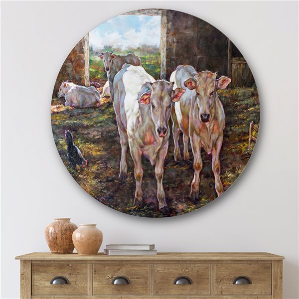 Designart 29-in x 29-in Two Cows in the Stable Farmhouse Metal Circle Wall Art