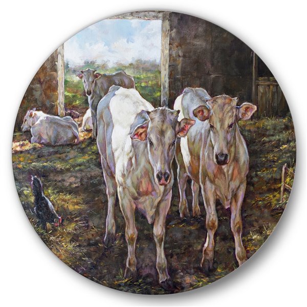 Designart 29-in x 29-in Two Cows in the Stable Farmhouse Metal Circle Wall Art