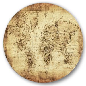 Designart 29-in x 29-in Ancient Map of the World IV Vintage Metal Circle Wall Art