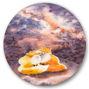 Designart 36-in x 36-in Hugging Foxes Over a Night Sky Children's Art Metal Circle Wall Art