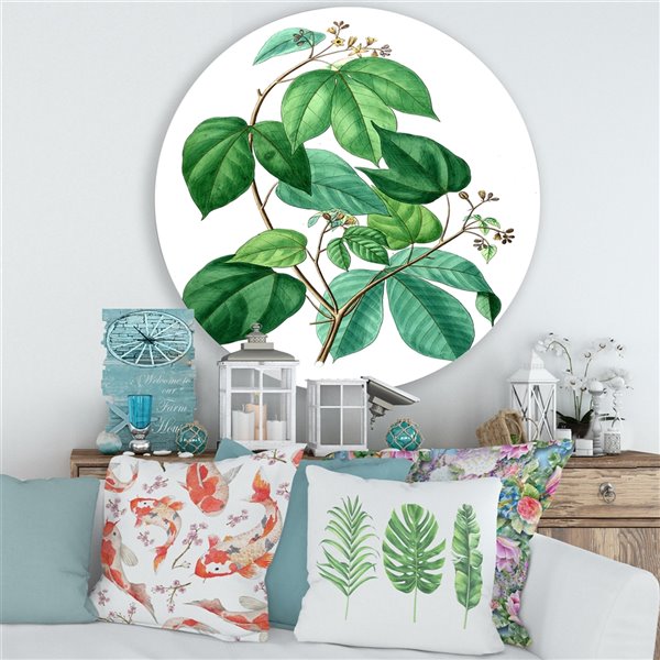 Designart 36-in x 36-in Vintage Green Leaves Plants III Traditional Metal Circle Wall Art