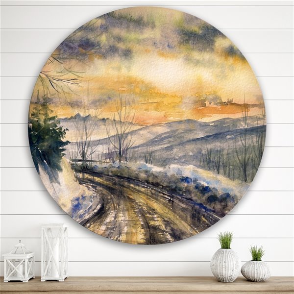 Designart 29-in x 29-in Winter with Road Under Bright Sunset Traditional Metal Circle Wall Art