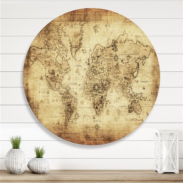 Designart 23-in x 23-in Ancient Map of the World IV Vintage Metal Circle Wall Art