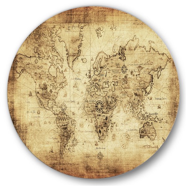 Designart 23-in x 23-in Ancient Map of the World IV Vintage Metal Circle Wall Art