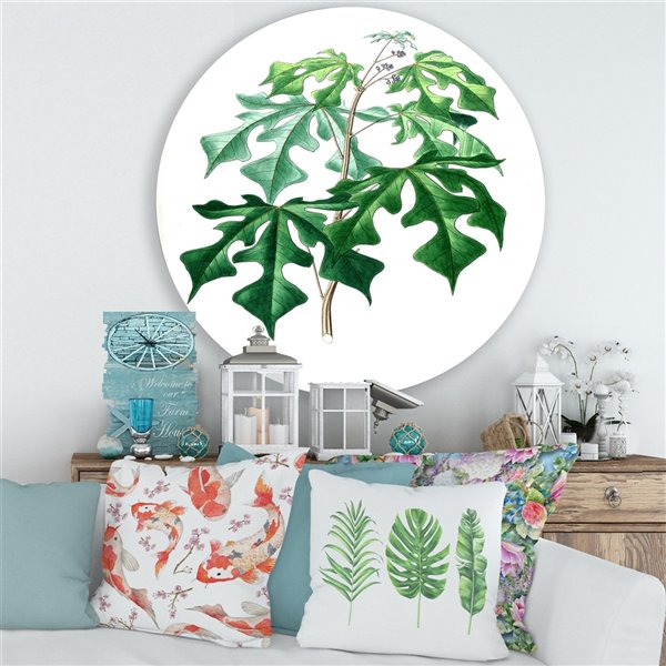 Designart 36-in x 36-in Vintage Green Leaves Plants II Traditional Metal Circle Wall Art