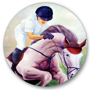 Designart 29-in x 29-in Jockey on Galoping Horse Farmhouse Metal Circle Wall Art