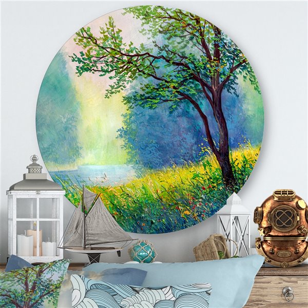 Designart 23-in x 23-in Summer Forest with River and Waterfall Traditional Circle Art