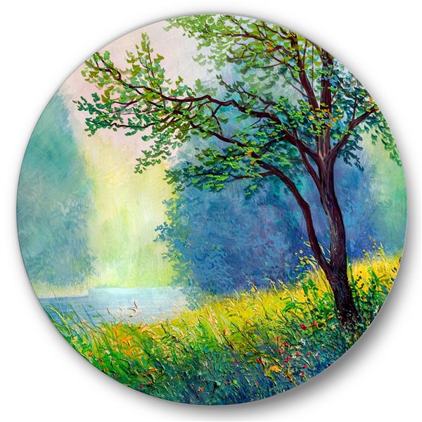 Designart 23-in x 23-in Summer Forest with River and Waterfall Traditional Circle Art