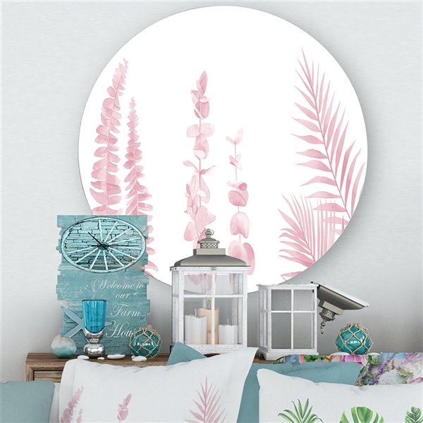 Designart 23-in x 23-in Blush Pinkeucalyptus and Palm Branches Shabby ChicCircle Art