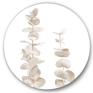 Designart 23-in x 23-in Beige Eucalyptus Branches on White Traditional Metal Circle Art