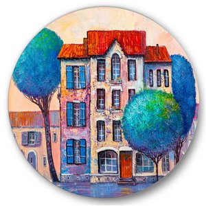Designart 36-in x 36-in House with Red Roof and Colourful Autumn Trees Modern Circle Art