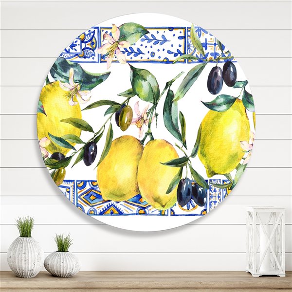 Designart 23-in x 23-in Lemon Ornament on Blue Geonetrical Pattern II Circle Art