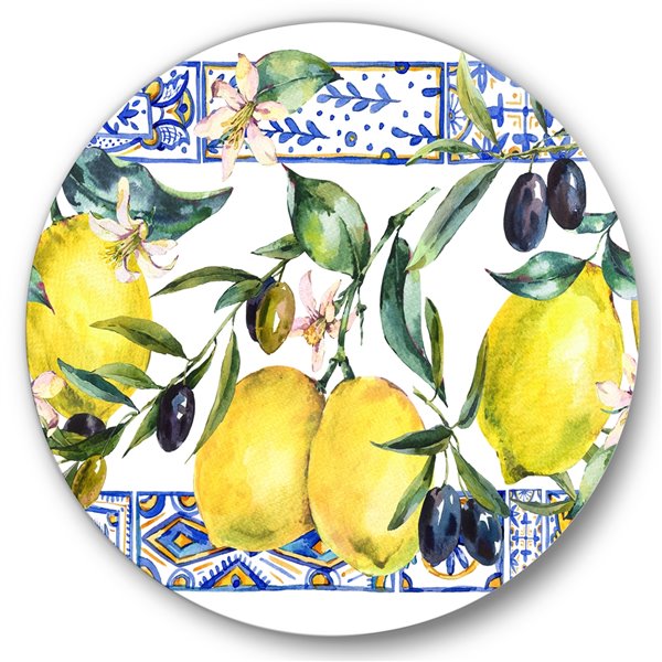 Designart 23-in x 23-in Lemon Ornament on Blue Geonetrical Pattern II Circle Art