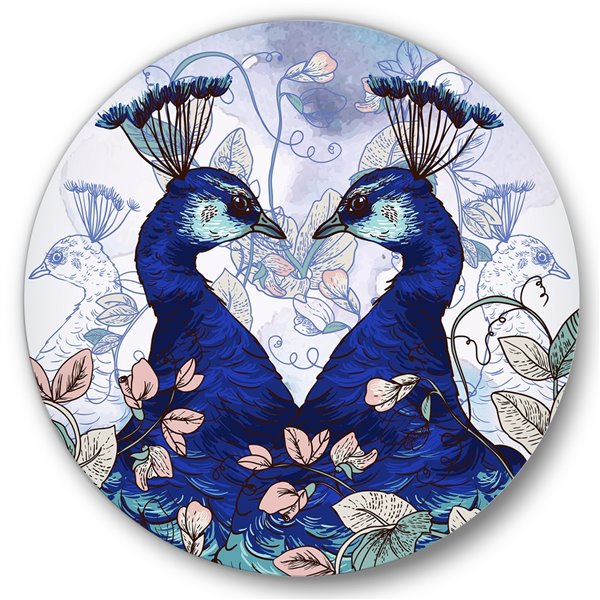 Designart 23-in x 23-in Two Blue Peacocks with Wildflowers Traditional Metal Circle Art