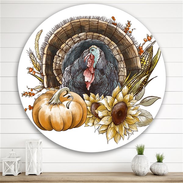 Designart 29-in x 29-in Thanksgiving Vintage Turkey Sunflowers and Pumpkin Circle Art