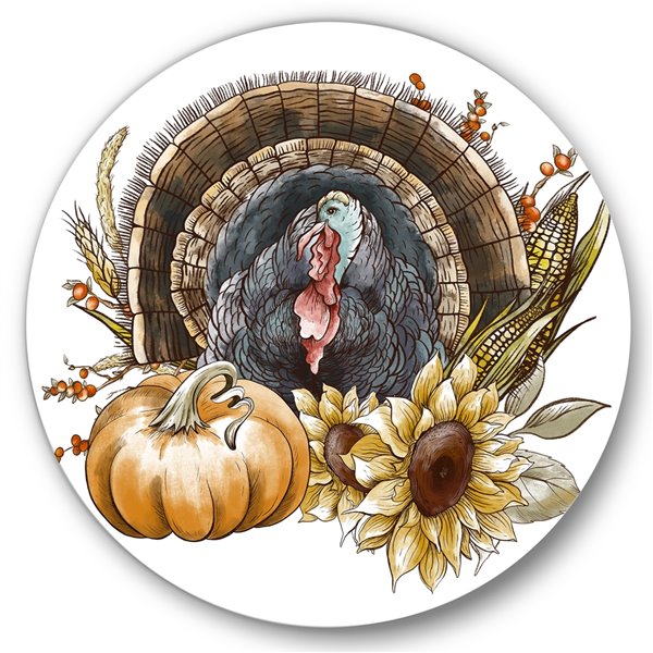 Designart 29-in x 29-in Thanksgiving Vintage Turkey Sunflowers and Pumpkin Circle Art