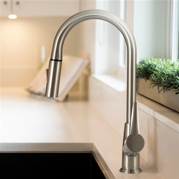 Presenza Milan Brushed Nickel 1-Handle Deck Mount Pull-Down Handle/Lever Residential Kitchen Faucet