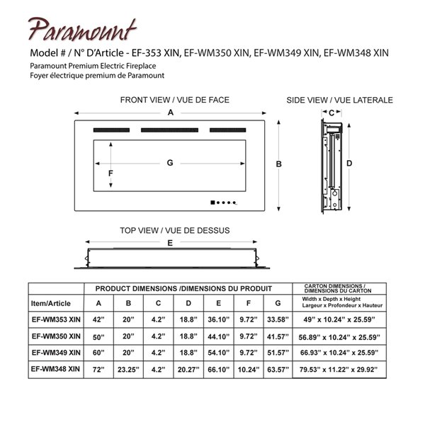 Foyer électrique par Paramount intelligent de qualité supérieure 42 po 5000 BTU 1500 W