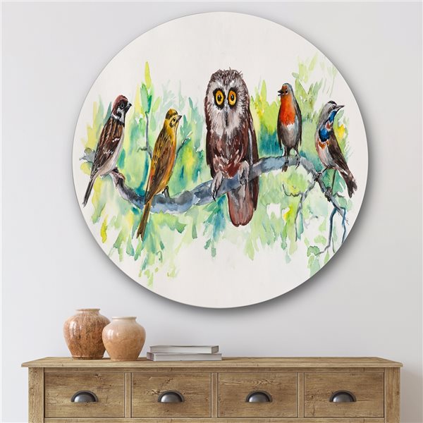 Designart 29-in H x 29-in W Owl on a Branch with Bird Friends - Traditional Metal Circle Art